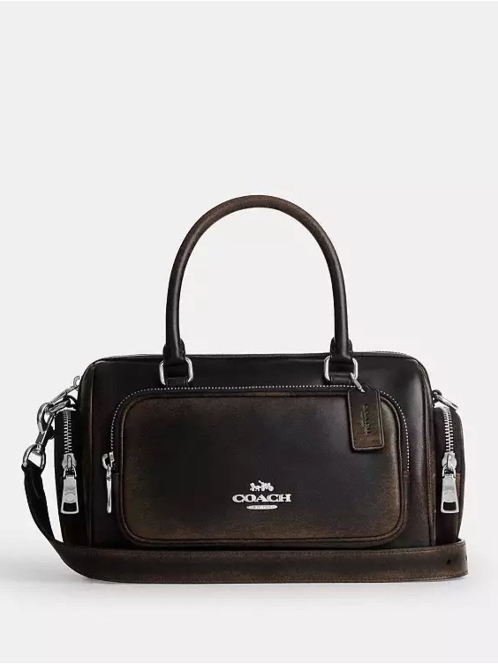 Coach Rowan Satchel Bag with Pockets in Loved Leather Silver/Black Brown NWT - Picture 12 of 12